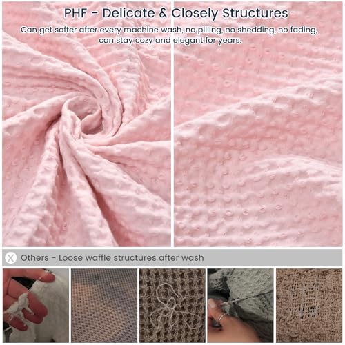 Image of PHF 100% Cotton Waffle Big Family Oversized King Blanket, 120 inch X 120 inch, Pink | Pre-washed Natural Soft Cozy Lightweight Breathable, Textured Decorative Layer for Bed Guest Room, Machine Washable, Giftable