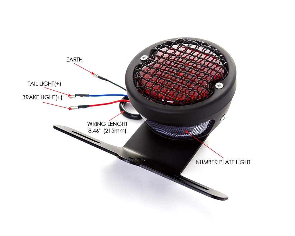 Alchemy Parts Feu stop arrière à LED vintage avec grille en maille rétro et support de plaque d'immatriculation | Idéal pour les cafés coureurs, choppers et vélos personnalisés | LED 12 V (noir)