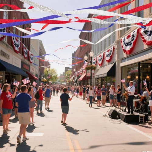 Image of 4 Crepe Paper Streamers Rolls, 328ft Pack of Red, White, Blue and Silver Crepe Paper for 4th of July, Independence Day, Labor Day, Veterans Day Decorations (1.8 inch x 82 ft /Roll)