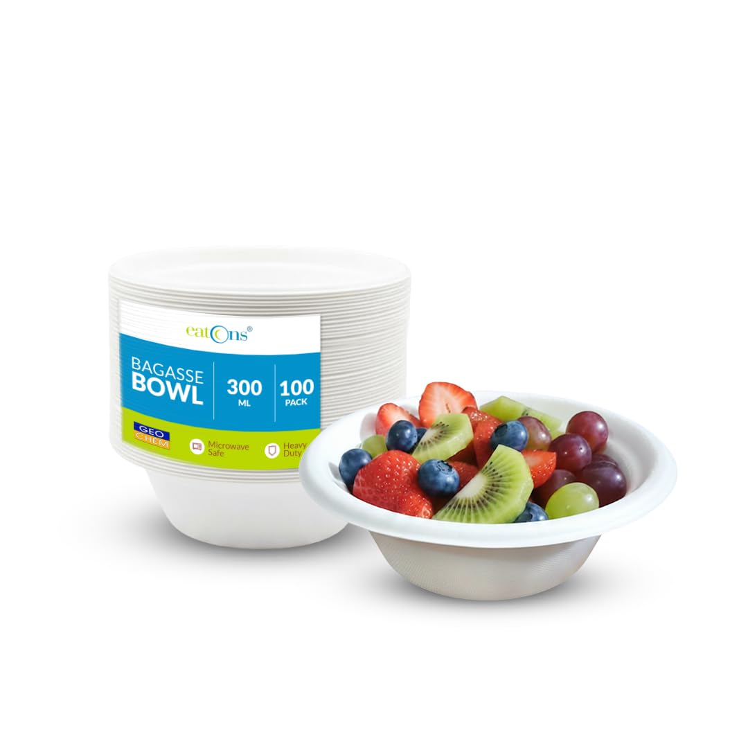 [300 ml, 100 Pack Bagasse Disposable Bowls | Eco-Friendly Soup Bowls | Sugarcane Paper Bowls | Sustainable, Biodegradable, Sturdy for Parties & Takeout | Round, White