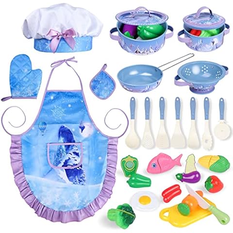 Magic4U Kids Cooking Set with Toddler Chef Costume, 28Pcs Play Kitchen Accessories Including Apron, Pots and Pans Sets, Play Food, Cutting Vegetables, Toys Utensils for Girls Ages 3-8 (Blue-Frozen) Cover