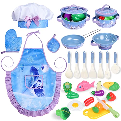 Magic4U Kids Cooking Set with Toddler Chef Costume, 28Pcs Play Kitchen Accessories Including Apron, Pots and Pans Sets, Play Food, Cutting Vegetables, Toys Utensils for Girls Ages 3-8 (Blue-Frozen)