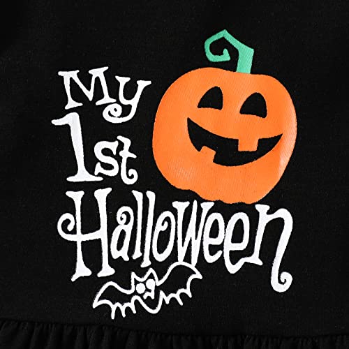 Noubeau My 1St Halloween Baby Girl Outfits Ruffle Pumpkin Print Tunic Drees Shirt Stripe Pants Legging Fall Winter Clothes（Black- A,3-6 Months） #TOP3