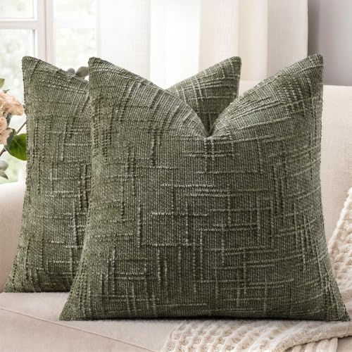 decorUhome Textured Chenille Throw Pillow Covers 26x26 Set of 2 Army Green