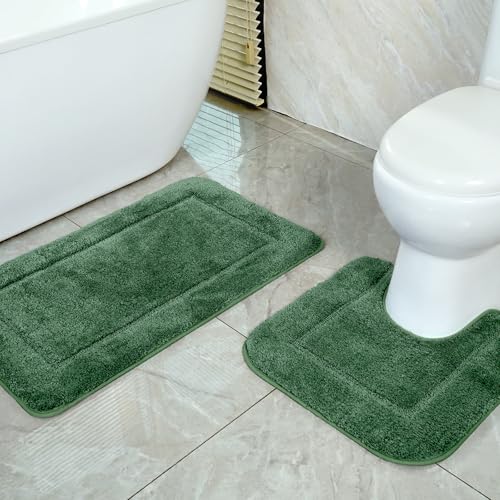 SOANNY Dark Green Bath Mat Set of 2 High Density Soft Microfiber Non-Slip Bathroom Mats with Water Absorbent 53x86 cm Bathtub Rug & 50x50 cm Toilet Pedestal Carpet Decor Rugs Machine Washable