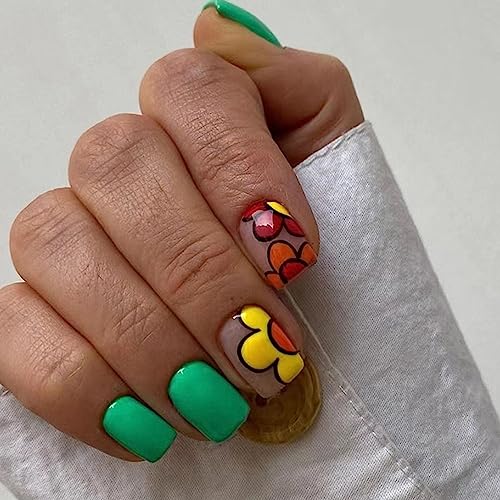 Square Press on Nails Short Fake Nails with Cute Flowers Designs Summer Simple Green Acrylic Nails Colorful Floral Full Cover Glue on Nails Short French False Nails for Women Nail Art Decor 24Pcs
