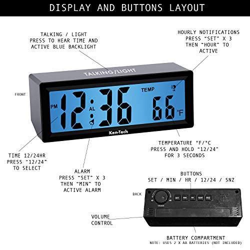 Sonnet Talking Alarm Clock For Visually Impaired, Elderly People, Blind, Hourly Voice Notifications, Blue Backlight Large Display Shows Time And Temperature, Loud For Heavy Sleepers By Ken-Tech, Black #TOP5