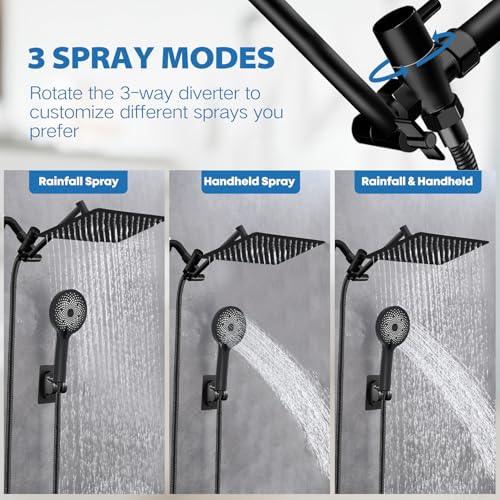 Image of Shower Head,12 inch High Pressure Shower Combo,Rainfall Shower System with Handheld Spray,All Metal 3-Way Diverter & 6ft Hose,Anti-Clog Nozzles,Easy to Install in Bathrooms-Black