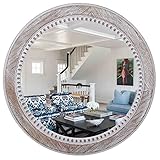 Round Wood Mirror Rustic Mirrors - Decorative Wall Mirror 24 inch Farmhouse Circle Mirrors, Distress