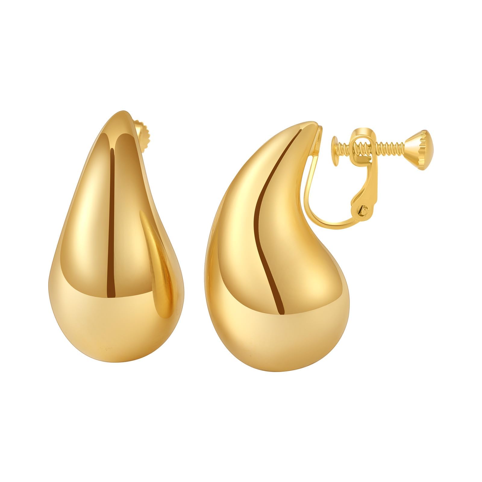 NVWAROCKGold Drop Clip On Earrings Dupes Teardrop Chunky Non Pierced Earring 14K Real Gold Plated Hypoallergenic Lightweight Earrings for Women（Gold and Silver）