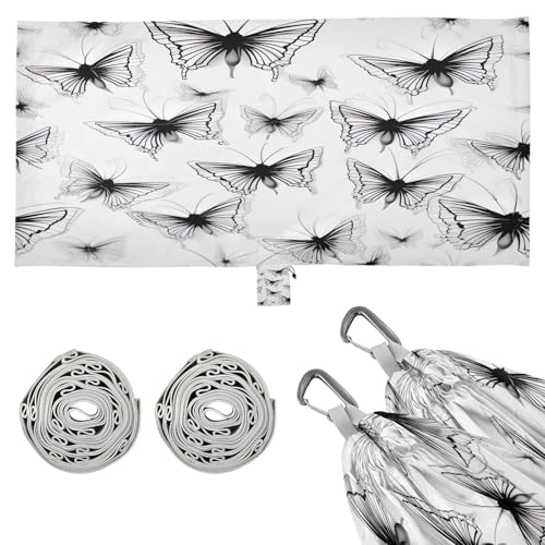 SDMKA Black White Butterflies Camping Hammock, 330 lbs with 2 Tree Straps, Carry Bag, Single Portable Hammock for Outdoor/Indoor, Hiking, Beach, Backpacking, Travel