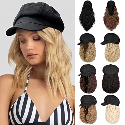 Lansigreen Newsboy Cap with Hair Extensions Short Curly Wavy Bob