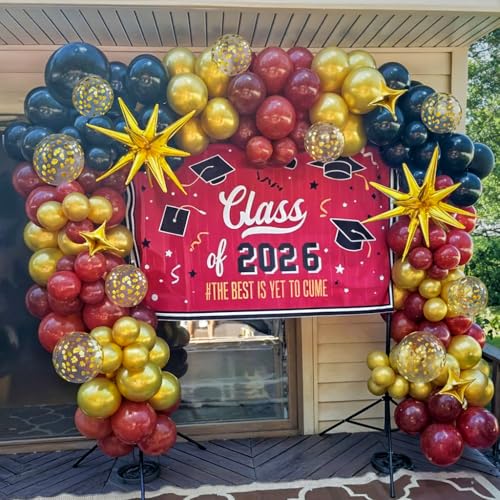 Image of Black Burgundy Gold Balloons Arch Kit, Maroon Black Gold Balloons Arch Garland, 98Pcs Black Red Metallic Gold Balloons with Stars Balloon for Birthdays Retirement Graduation Celebrations Class of 2025