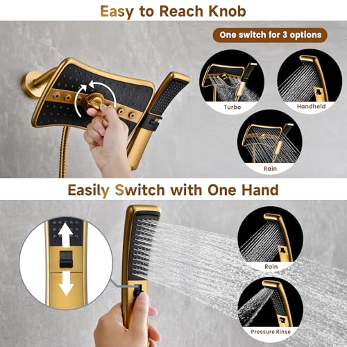 Image of BRIGHT SHOWERS Dual Shower Head with Handheld, High Pressure Rainfall Shower Head Combo, 60-Inch Stainless Steel Hose, Brushed Gold