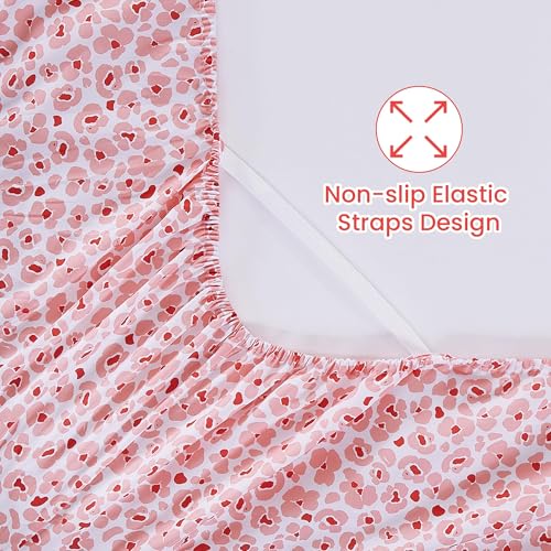 Image of Softan Pink Floral Full Sheet Set, Cozy Microfiber Leopard Printed Fitted Bed Sheet with 15 inch Deep Pockets & Non-Slip Straps, Cute Girls Patterned Double Sheets & Pillowcase Set