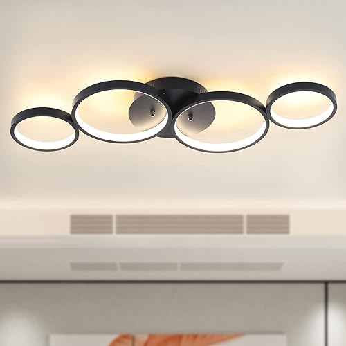 Lámpara de techo empotrada, 48 W, 3840 lm, moderna lámpara de techo LED negra de 4 anillos para sala de estar, dormitorio, comedor, 3 colores, L 28,