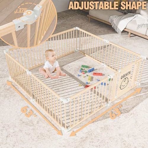 Image of Wooden Baby Playpen, Foldable Large Fence and Play Yard for Toddlers, Adjustable Shape & Size, Safety Gate With Locking Door, Kids Activity Center