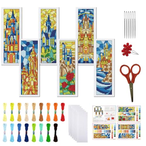 Image of FREEBLOSS 6 Set Cross Stitch Bookmark Kit 11 CT Stamped Cross Stitch Kit DIY Embroidery Bookmark Kits for Adult Beginners with Instructions, Stained Glass Castle Pattern, 6 x 20 cm /8 inch x 2.4 inch