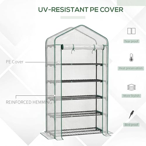 Outsunny 5 Tier Mini Greenhouse, 76" x 35.4" x 19.3" Small Portable Greenhouse with Reinforced PE Cover, Roll-Up Zippered Door, for Indoor Outdoor Garden Yard Backyard, White by Outsunny - Image 5