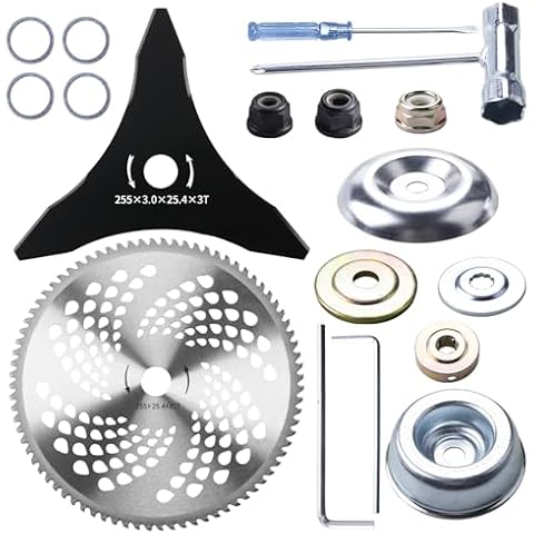 Gashwer 10" x 3 Teeth Carbon Steel Brush Cutter Weed Eater Blades, 10" x 80T Carbide Tip Brush Cutter Trimmer Blades, Compatible with Husqvarna, Stihl, Ego, and More, with 2 Different Adapter Kits Cover