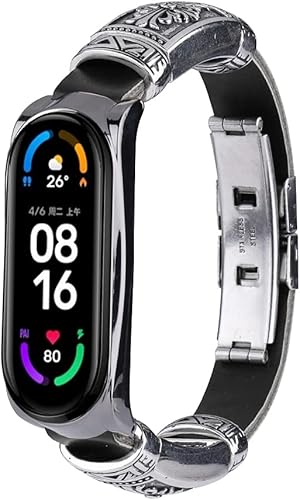 Banda compatible con Xiaomi Mi Band 4, Retro Metal + PU Cuero Reemplazo Pulsera Ajustable 7.8 - 9.4 pulgadas con marco de metal compatible con