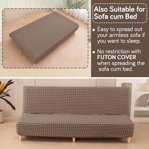 Image of HOKIPO 280 GSM Armless Sofa Cover for Sofa Cum Bed, Stretchable Elastic Futon Slipcover - 'Aria Nova' Medium, Mocha Brown (AR-6702-BRN)