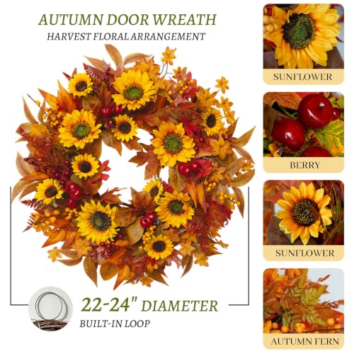 Image of 24 Inch Harvest Fall Wreaths for Front Door with Sunflower and Red Berries