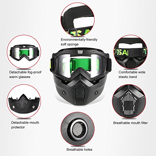 KKmoon Máscara de Mortocicleta Removível Óculos e Filtro de Boca para Capacete de Rosto Aberto Motoc