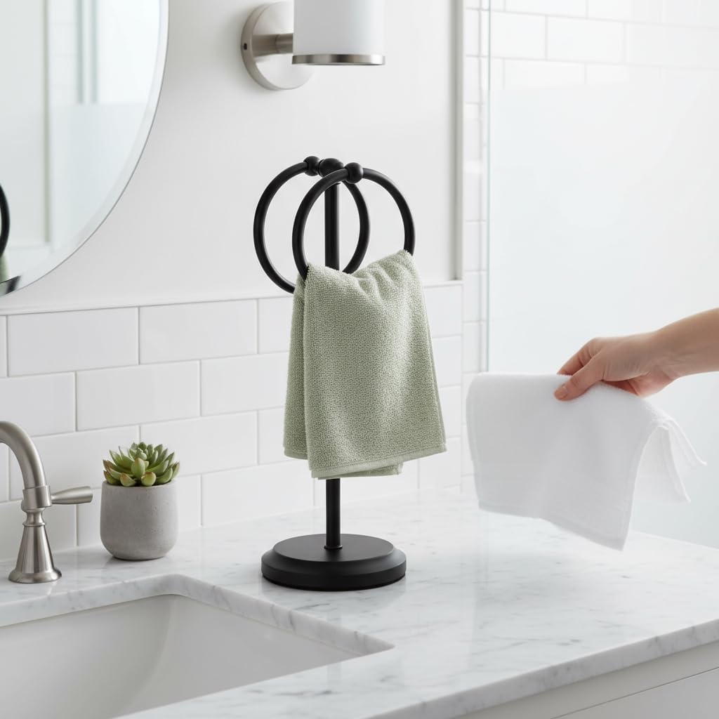 J&V TEXTILES Steel Towel Rack Holder Stand with 2 Hanging Rings for Bathroom Vanity Countertops - Space Saving Hand Towel Holder (Matte Black) - Image 8