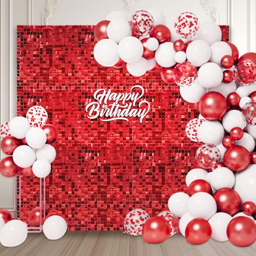 48 PCS Red Shimmer Wall Backdrop Laser Square Sequin Photo Backdrops Panel Glitter Wall Background for Birthdays Weddings Christmas Engagements Disco Bachelorette Party Decoration (6FTx8FT)