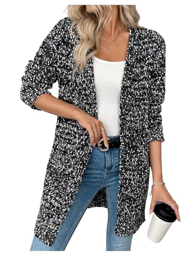 MakeMeChic Women's Popcorn Knit Open Front V Neck Cardigan Sweater Long Sleeve Drop Shoulder Outerwear