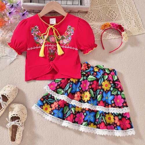 Image of HIHA Toddler Little Girls Mexican Embroidered Skirts Outfit