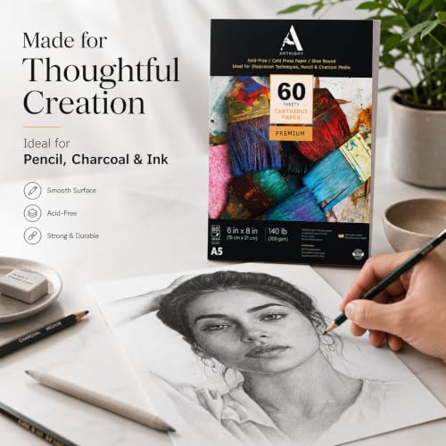 Image of ArtRight Artists' Sketching Paper (A5 Pack of 60 Sheets, 300 GSM); Handmade Cartridge Mixed Media Sheets of 300GSM for Pencil, Charcoal and Ink Media