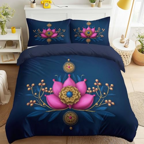 Générique Bleu foncé Parure de Lit Oriental Symétrique Parure de Lit, Floral Romantique Duveteux Imprimée Lotus Feuilles Baies Housse de Couette pour lit...