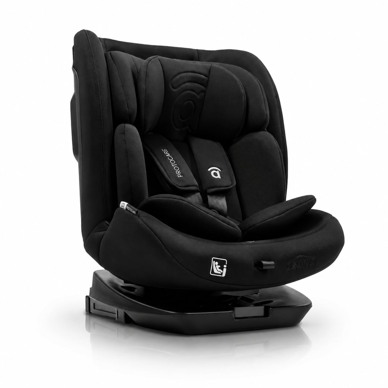 Silla de coche i-Size giratoria 360° con Isofix desde recién nacido hasta 150 cm – Contramarcha hasta 105 cm – Arnés 5 puntos, cojín reductor y funda lavable – Asalvo Protocare Negro