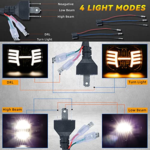 Llpta 2Pcs 7X6 5X7 Rectangular 4000 Lumen Super Bright Amber Turn Signal White High/Low Beam Drl Daytime Running Lights Led Halo Angel Eye Headlights Assembly+H4-3-Pin Adaptors Sealed Beam Replacement #TOP2