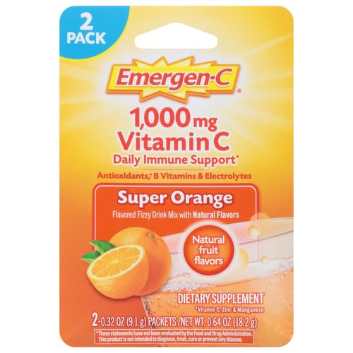 Emergen-C 1000mg Vitamin C Powder for Daily Immune Support Caffeine Free Vitamin C Supplements with Zinc and Manganese, B Vitamins and Electrolytes, Super Orange Flavor - 2 Count