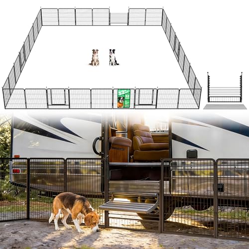 Image of FXW Instant Dog Playpen with RV Step Grid for RV Camping, 32 inch H, 32 Panels | Quick-Setup & Heavy-Duty Play Yard, Helps Close Stair Gaps, Fits 26 inch RV Step Opening, For Small & Medium Dogs, Patented