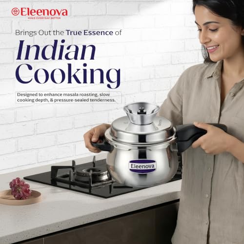 Image of Eleenova Legacy Stainless Steel Pressure Cooker 3 Litre Handi shape | Anti Spill Design | Gas Stove and Induction Compatible | Outer Lid SS Pressure Cooker | ISI Certified | 5 Year Warranty