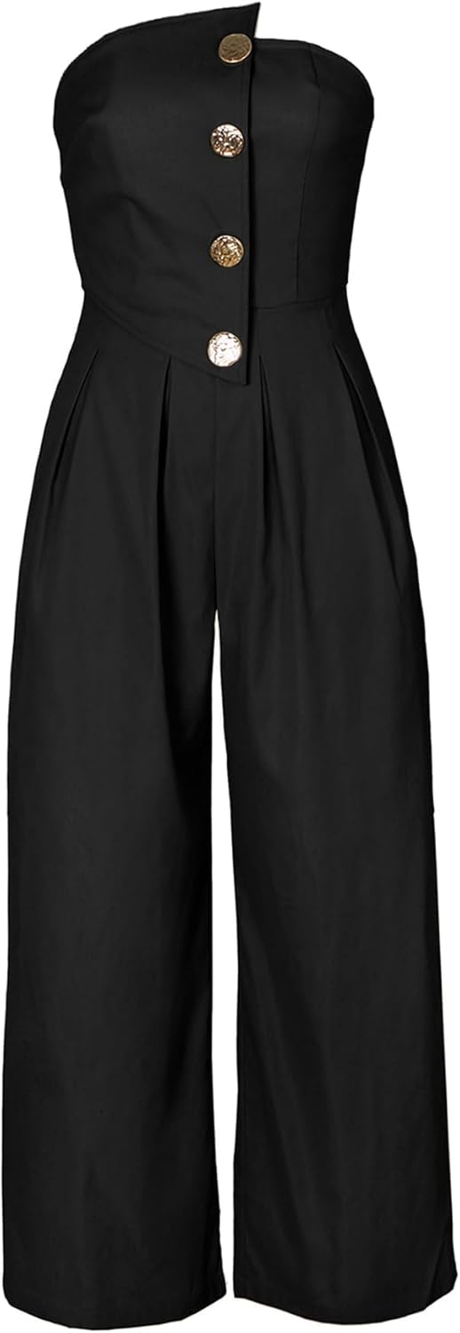 NRTHYE Women Sexy Strapless Wide Leg Jumpsuits Summer Loose Casual Button Tube Top Dressy One Piece Romper - Image 4