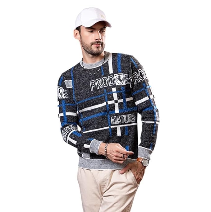 swaaglok - style that speaks Men’s Graphic Knit Pullover Sweater | Urban Street Style Crew Neck Bold Grid Design Winterwear | Full Sleeve Regular Fit-picture-26