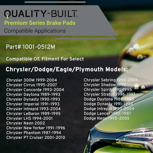 Image of QUALITY-BUILT Rear Semi-Metallic Brake Pads, Premium 1001-0512M, Compatible with 1985-2010 Chrysler /Dodge /Eagle /Plymouth (300M,Acclaim,Breeze,Cirrus,Concorde,Daytona,Dynasty,Imperial,Intrepid,Lancer)