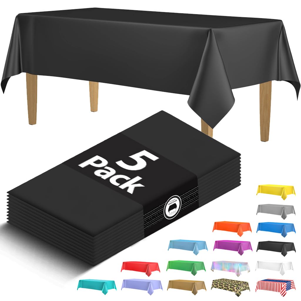 5 Pack Premium Black Plastic Tablecloth - 108 x 54 in. Disposable Rectangle Plastic Table Cloth - Decorative Rectangle Table Cover Smooth Tablecloth - Disposable Table Cloths For Parties, Weddings.