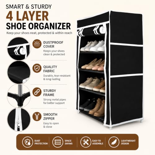Image of Cozmira 4 Layer Foldable Shoe Rack with Dustproof Cover | Large Capacity Shoe Organizer for Home, Bedroom, Entryway & Closet | Plastic Frame & Durable Fabric Storage Cabinet (Black, 55 x 30 x 72 cm)
