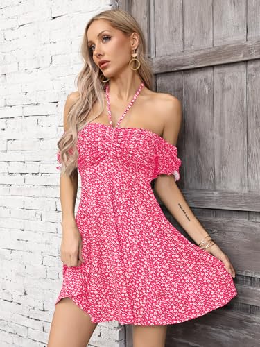 Image of Missufe Women's Puff Short Sleeve Drawstring Ruched Front Fit and Flare Floral Summer Casual Short Dress