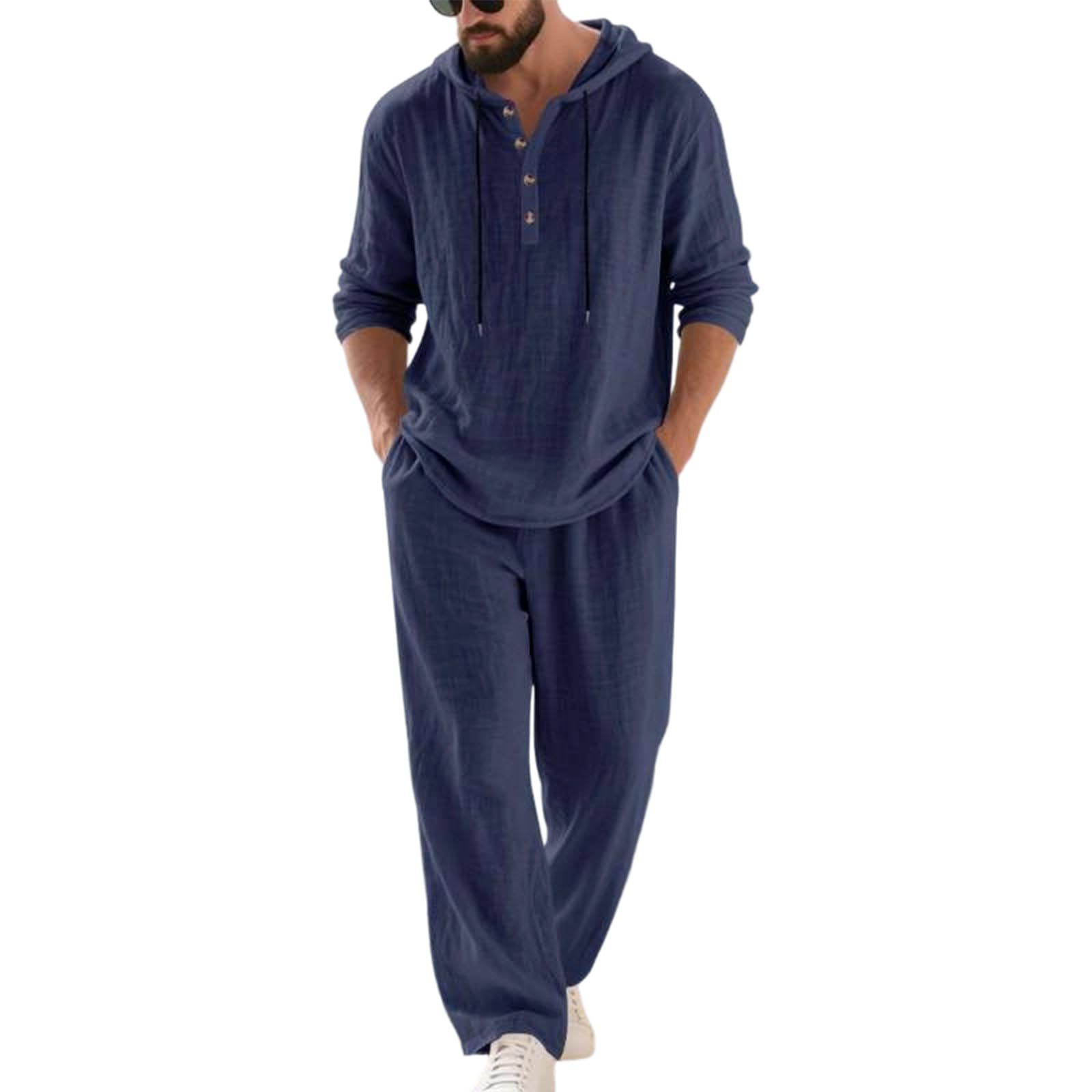 Herren Sommer Outfits 2 Teilig Set Baumwolle Leinen Langarm Hoodie Kapuzenhemd und Lange Hose Locker Atmungsaktiv Freizeitanzug Männer Zweiteiler für Urlaub Strand Casual Anzug