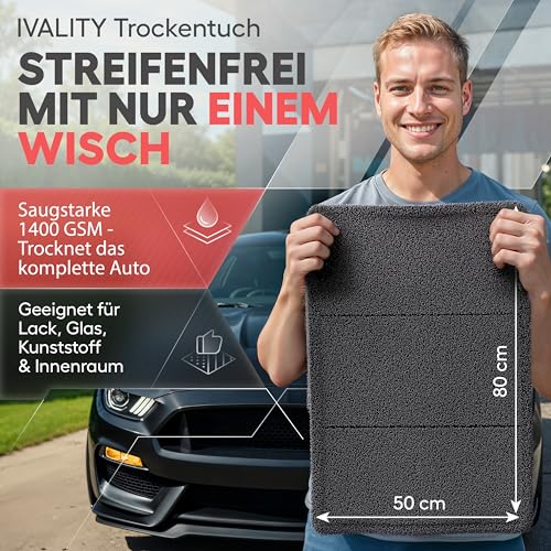 Ivality® Auto Trockentuch XXL 80x50 cm – 1400 GSM Ultra Saugstarke Mikrofasertücher für Autopflege und Motorrad, Fusselfreies… – Ansicht 2