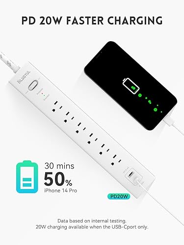 Miniatura 5 de Regleta protectora contra sobretensiones PD 20W USB C - Cable de extensión trenzado de enchufe plano con 6 salidas de CA, 2 USB (1 USB C), montaje