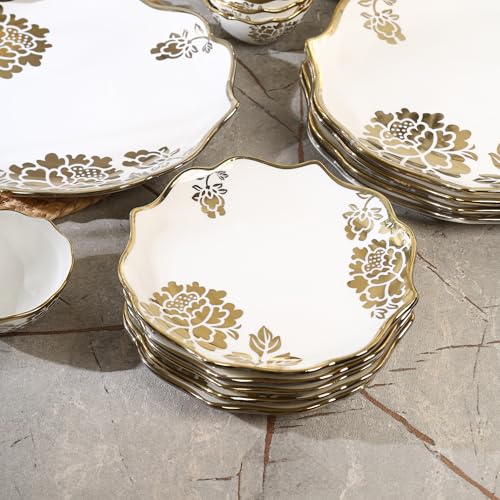 Image of Timeless Elegance Gold Plated 18 Piece Dinner Set for 6 | Premium White & Gold Porcelain Crockery Set with Scalloped Rim | 6 Dinner Plates, 6 Quarter Plates & 6 Veg Bowls (DSS03)