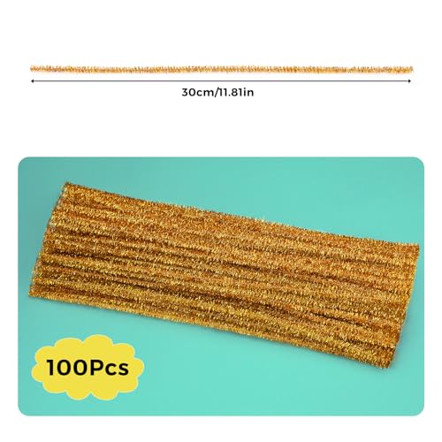 Image of 100PCS Pipe Cleaners Chenille Stem Glitter Gold Craft Pipe Cleaners | DIY Craft Fuzzy Sticks, Pipe Cleaners Bulk for Creative Handmade DIY Art Craft Decoration Supplies